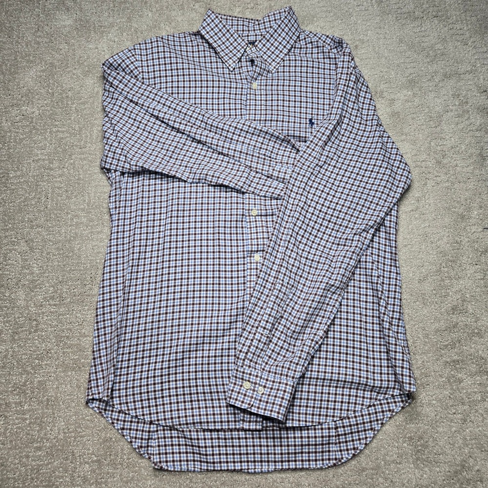 Ralph Lauren Mens Gingham Check Button Down Shirt Brown Blue Long Sleeve Large